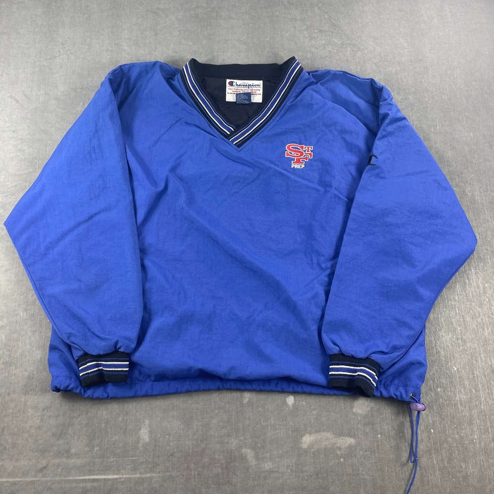 Champion Mens XL Blue Windbreaker Pullover V-Neck St Francis Prep Vintage